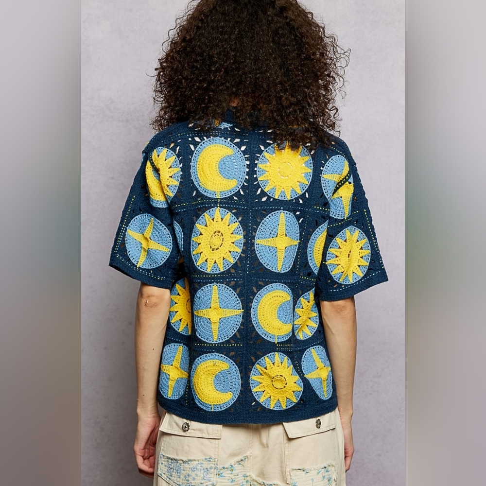 POL Celestial Crochet Patchwork Button-Up Shirt S… - image 3